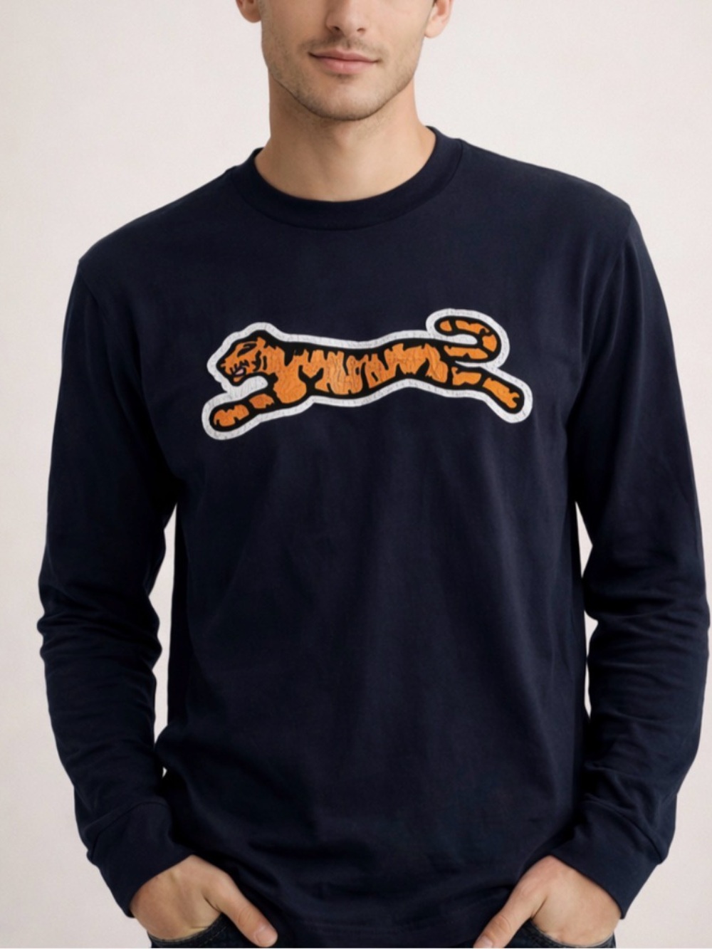 Le Tigre Navy Long-Sleeve Crewneck with Orange Tiger Graphic